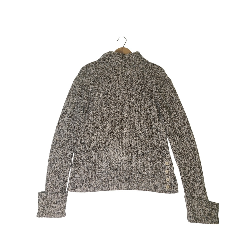 Geoffrey Beene Sweater Wm L Black Cream Marled Mock Neck Side Button Cotton Cozy